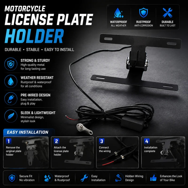 Motorcycle License Plate Holder Tail Fender Bracket LED Light Waterproof Rustproof Durable Pre-Wired Easy Installation